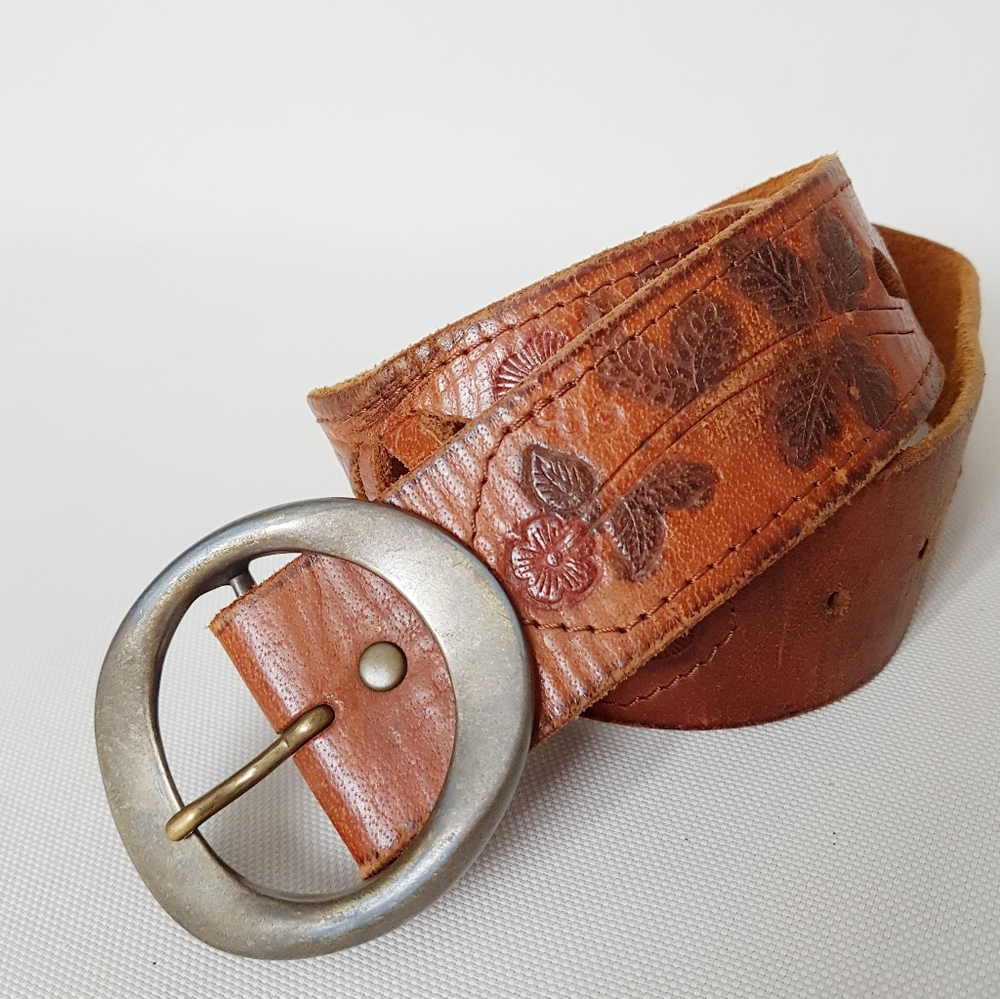 A&F Genuine Leather Tooled Floral Belt Tan